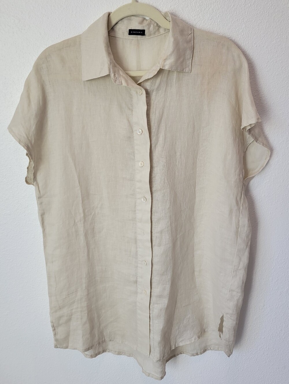Zingara 100% Linen Tunic Shirt Womens Small Cream Button Up Long Top Cap Sleeve